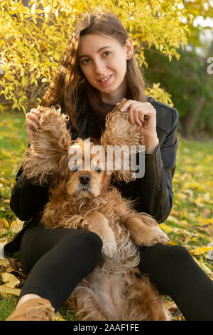 Femme avec cocker américain joue à autumn park Banque D'Images