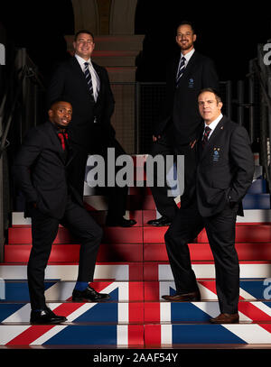 L'équipe Go bob à 4 de l'équipe des Jeux Olympiques d'hiver de Sotchi 2014 composé de John Jackson, Bruce Tasker, Stuart Benson et Joel Fearon qui recevront leurs médailles de bronze lors de la BOA Dîner annuel, Old Billingsgate, Londres. Banque D'Images