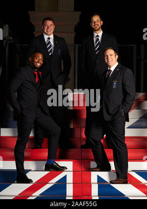 L'équipe Go bob à 4 de l'équipe des Jeux Olympiques d'hiver de Sotchi 2014 composé de John Jackson, Bruce Tasker, Stuart Benson et Joel Fearon qui recevront leurs médailles de bronze lors de la BOA Dîner annuel, Old Billingsgate, Londres. Banque D'Images