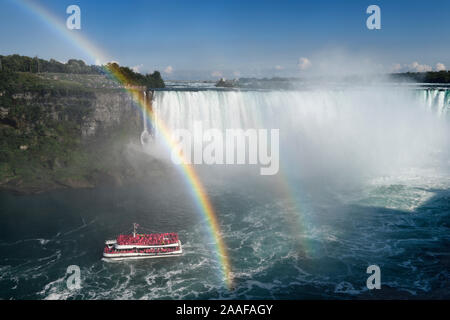 Les spectateurs à nous Tarrapin Point avec double arc-en-ciel se terminant au bateau d'Hornblower à Chutes Niagara à Niagara Falls Ontario Canada Banque D'Images