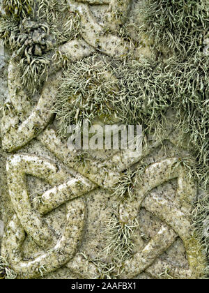 Gros plan du lichen sur croissant Celtic knot pierre tombale sculptée, cimetière Kilchattan inférieur, à l'île de Colonsay, Ecosse, Royaume-Uni Banque D'Images