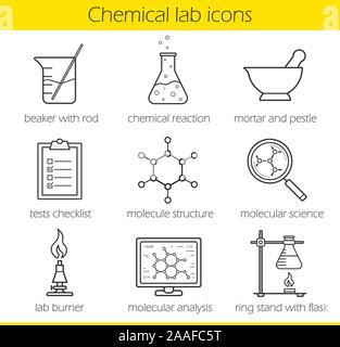 Matériel de laboratoire chimique icons set linéaire. Bécher avec rod, réaction chimique et de test. La structure de la molécule et brûleur de laboratoire. La chimie Illustration de Vecteur