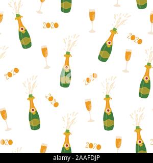 Champagne 2020 Célébration du Nouvel An modèle vectoriel continu. Répéter la célébration du Nouvel An arrière-plan avec les bouteilles, verres de vin mousseux. Champagne Illustration de Vecteur