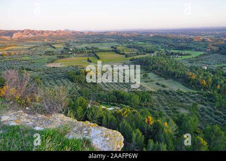 Vue du coucher de soleil sur les Alpilles vallée avec green olive tree groves ci-dessous l'historique village fortifié Les-Baux-de-Provence, dans les Bouches du Rhône, prouvé Banque D'Images