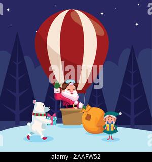 Le père Noël dans un ballon à air chaud et d'ours polaire et l'aide avec les coffrets cadeaux santas Illustration de Vecteur