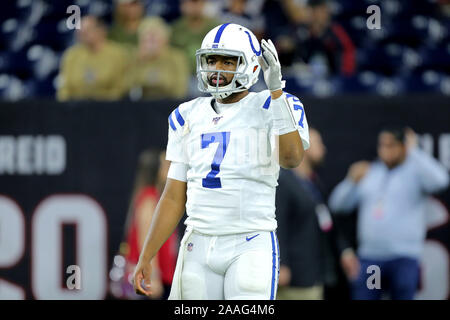 Houston, Texas, USA. 21 Nov, 2019. Indianapolis Colts quarterback Jacoby Brissett (7) avant le match de saison régulière de la NFL entre les Houston Texans et les Indianapolis Colts à NRG Stadium à Houston, TX, le 21 novembre 2019. Crédit : Erik Williams/ZUMA/Alamy Fil Live News Banque D'Images