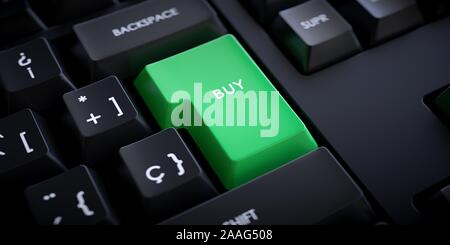 Les achats en ligne. Clavier avec le vert entrer lettre avec le mot "acheter". Banque D'Images