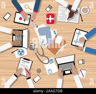 Les médecins et professionnels de la médecine avec la diversité et l'égalité rencontre autour de table de conférence - stéthoscope et ordinateurs Illustration de Vecteur