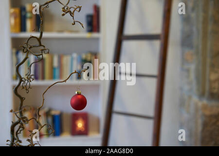 Close up of red boule de noël à une branche en face de l'arrière-plan flou de bookshelf Banque D'Images