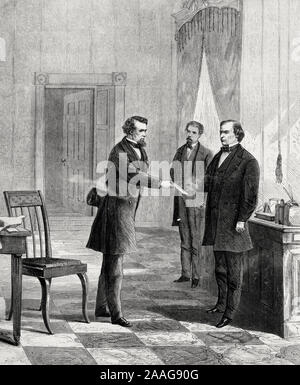 George T. Brown, sergent d'armes, de signifier l'assignation au président Johnson. Andrew Johnson, assisté par le colonel W.G. Moore, d'être servi en accusation citation à la Maison Blanche. 1868 Banque D'Images