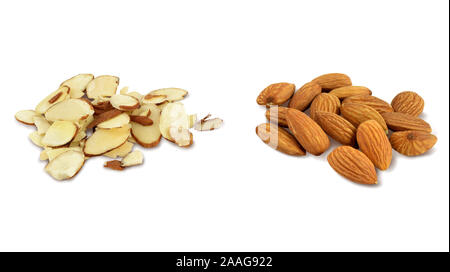 Tout en tranches et Amandes naturelles isolé sur fond blanc avec chemin de détourage. Banque D'Images