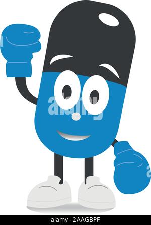 Capsule bleu caractères avec les ombres. Bonne garde comprimé dans des gants de boxe. Télévision personnage icône illustration design. Isolé sur blanc backgroun Illustration de Vecteur