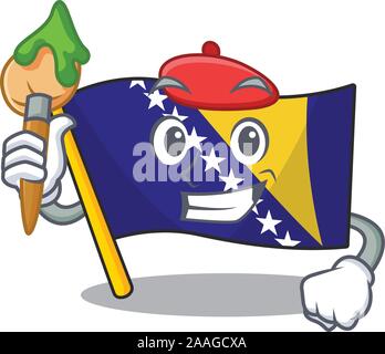 Caricature de joyeux artiste drapeau Bosnie avec pinceau dans sa main Illustration de Vecteur