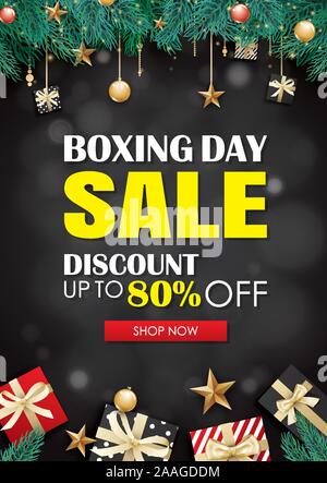 Boxing day gift box affiche publicitaire modèle. Utilisez pour flyer, bannière, offre, réduction de saison de Noël. Illustration de Vecteur