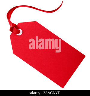 Red gift tag with red ribbon isolated on white Banque D'Images