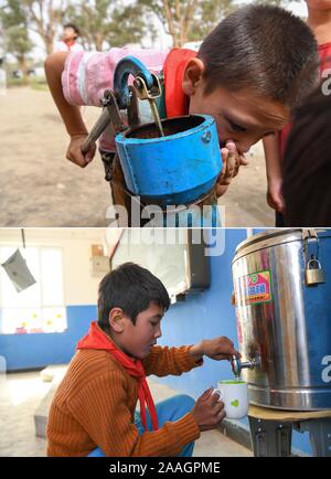 (191122) -- BEIJING, 22 novembre 2019 (Xinhua) -- photo représente un Combo potable étudiant pompée l'eau brute de l'ancien campus de l'École de Canton Daliyaboyi sur Septembre 6, 2018 (en haut) et un autre étudiant de l'extraction de l'eau chaude à l'école de neuf campus le 19 novembre 2019 (en bas), dans Daliyaboyi Canton de Yutian, comté du nord-ouest de la Chine La région autonome du Xinjiang Uygur. Dans Daliyaboyi, une oasis dans le désert de Taklimakan, niveau d'éducation a été une fois limitée par les effets de l'environnement naturel. En vertu de l'années d'efforts de réduction de la pauvreté, le désert ville a récemment déplacé à son emplacement actuel avec la Banque D'Images