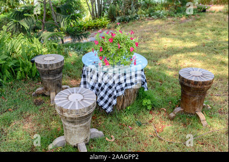 Ensemble de table avec chaises en bois naturel avec fleur sur pelouse en arrière-cour Banque D'Images