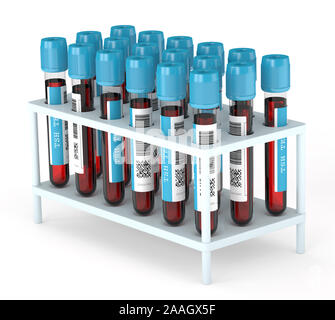 3D render of test tubes de sang TSH dans le rack sur fond blanc Banque D'Images