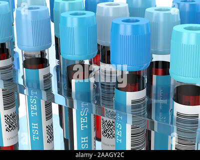 3D render of test tubes de sang TSH dans le rack permanent Banque D'Images