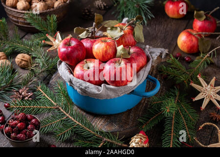 Les pommes fraîches dans un pot bleu avec décoration de Noël - branches d'épinette, les noix, les cynorrhodons et ornements de paille Banque D'Images