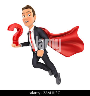 Vol 3d man holding et point d'interrogation, illustration avec fond blanc isolé Banque D'Images