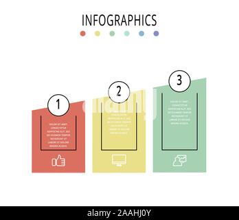 Modèle de vecteur de l'infographie. Concept d'affaires avec 3 colonnes. Trois étapes pour le contenu, organigramme, timeline, les niveaux, le marketing, la présentation graphique, Illustration de Vecteur