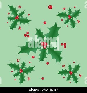 Un modèle de Noël jeu de feuilles de houx et baies rouges sur fond vert. Illustration de Vecteur