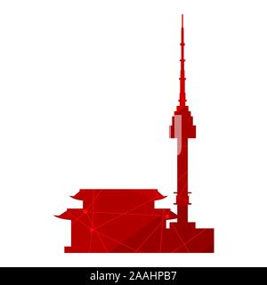 La tour de Namsan à Séoul et icônes de la pagode dans un style simple. Par texturé lignes connectées par des points. Illustration de Vecteur