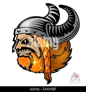 En face de l'homme à barbe avec profil casque cornu isolé sur blanc. Le logo de l'équipe sport vikings Illustration de Vecteur
