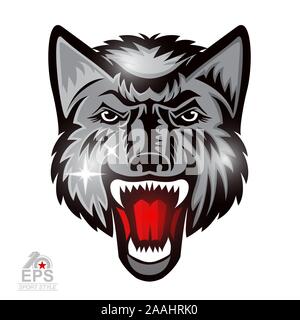 La tête avant de la bête avec des dents bared isolé sur blanc. Le logo de l'équipe de sport les loups Illustration de Vecteur