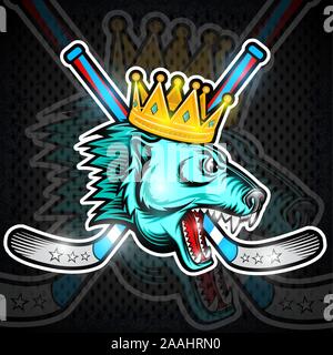 Ours bête face à la vue de côté avec rondelle de hockey, couronne et traversé stick. Le logo de l'équipe sport polarbear Illustration de Vecteur