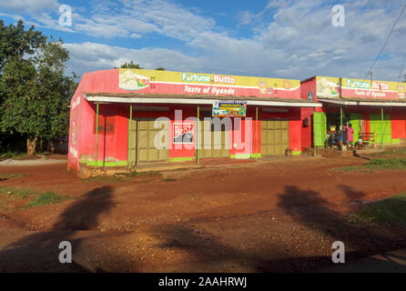 De faible hauteur, typique des magasins et bâtiments colorés peints avec des annonces dans une communauté villageoise, région de Kampala, Ouganda, District central Banque D'Images