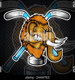 Tête de mammouth de la vue de côté avec rondelle de hockey et traversé stick. Le logo de l'équipe de sport Illustration de Vecteur
