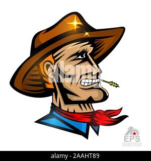 Face à l'homme de profil avec cowboy hat isolated on white. Le logo de l'équipe sport mavericks Illustration de Vecteur