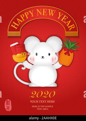 2020 Joyeux Nouvel An chinois du rat cute cartoon lingot d'or holding permanent enveloppe rouge et l'ananas. Traduction chinoise : nouvelle année. Illustration de Vecteur