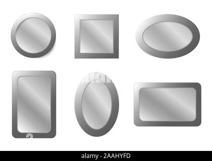 Miroir réaliste. Vector set miroirs réaliste avec réflexion floue. Metal ronde, ovale et rectangulaire en squear cadre miroir Illustration de Vecteur