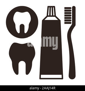 Brosse à dents, dentifrice et l'icône de la dent. Jeu de symboles dentaires isolé sur fond blanc Banque D'Images