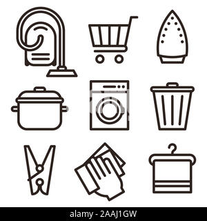 Aspirateur, Panier, Fer à Repasser, cuisine casserole, lave-linge, Corbeille, essuyer la poussière, vêtements Peg, Hanger Icon Set isolé sur fond blanc Banque D'Images