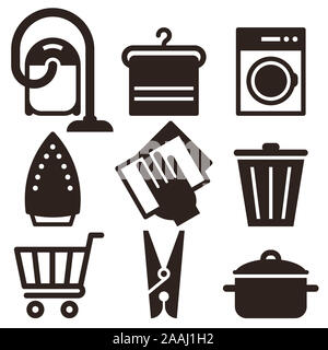 Hanger, aspirateur, lave-linge, Fer à Repasser, enlever la poussière, Corbeille, Panier, vêtements Peg, cuisine Pot Icon Set isolé sur fond blanc Banque D'Images