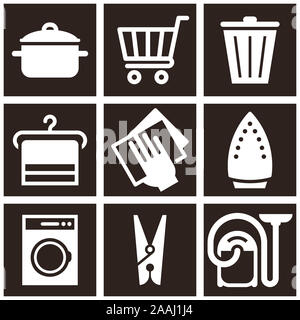 Pot de cuisine, Panier, Corbeille, Hanger, enlever la poussière, fer à repasser, lave-linge, aspirateur, Peg Icon Set sur fond sombre Banque D'Images