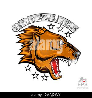 Ours bête face à la vue de côté avec bared les dents. Le logo de l'équipe sport grizzlis isolated on white Illustration de Vecteur