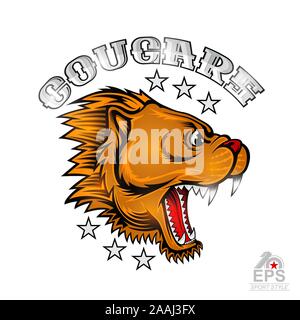 Bête face à la vue de côté avec les dents à vif. Le logo de l'équipe sport cougar isolated on white Illustration de Vecteur