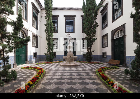 FUNCHAL, Madère - NOVEMBRE 2019 : Aperçu de la flore et la façade de l'entrée de l'hôtel de ville de Funchal dans la ville de Funchal Banque D'Images