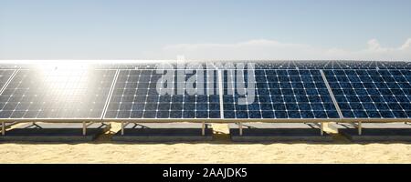 Panneaux photovoltaïques avec fond de ciel et de sol sablonneux. Banque D'Images