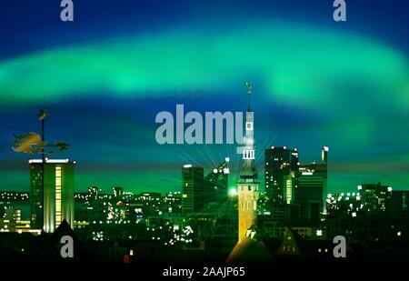 Résumé vert illustration with cityscape de Tallinn sur fond coucher de soleil Illustration de Vecteur