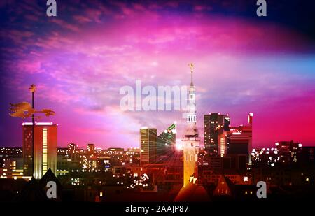 Abstract illustration violet avec cityscape de Tallinn sur fond coucher de soleil Illustration de Vecteur