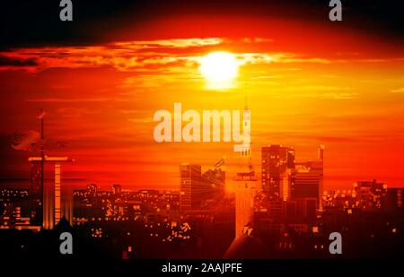 Résumé rouge illustration avec cityscape de Tallinn sur fond coucher de soleil Illustration de Vecteur