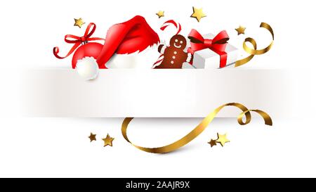 Bannière de Noël avec Santa's hat, coffret-cadeau, Gingerbread Man et décoration de Noël Illustration de Vecteur