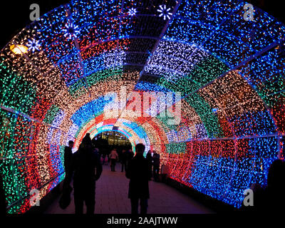 Le tunnel de lumière, illuminations de Noël, Northern Lights Experience, à Norwich, Norfolk, Angleterre, Royaume-Uni Banque D'Images