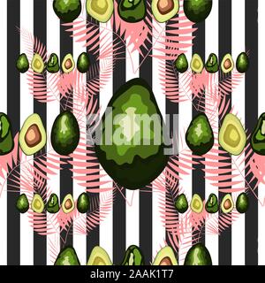 Profil de transparente avocat avec feuilles de palmier dypsis lutescens sur un fond rayé. Illustration de Vecteur